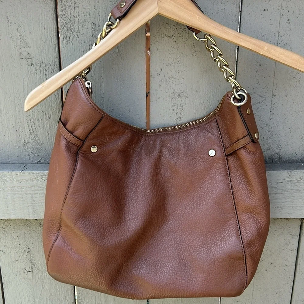 Michael Kors Brown Leather Hobo Bag with Chain Strap Details Bohemian Summer